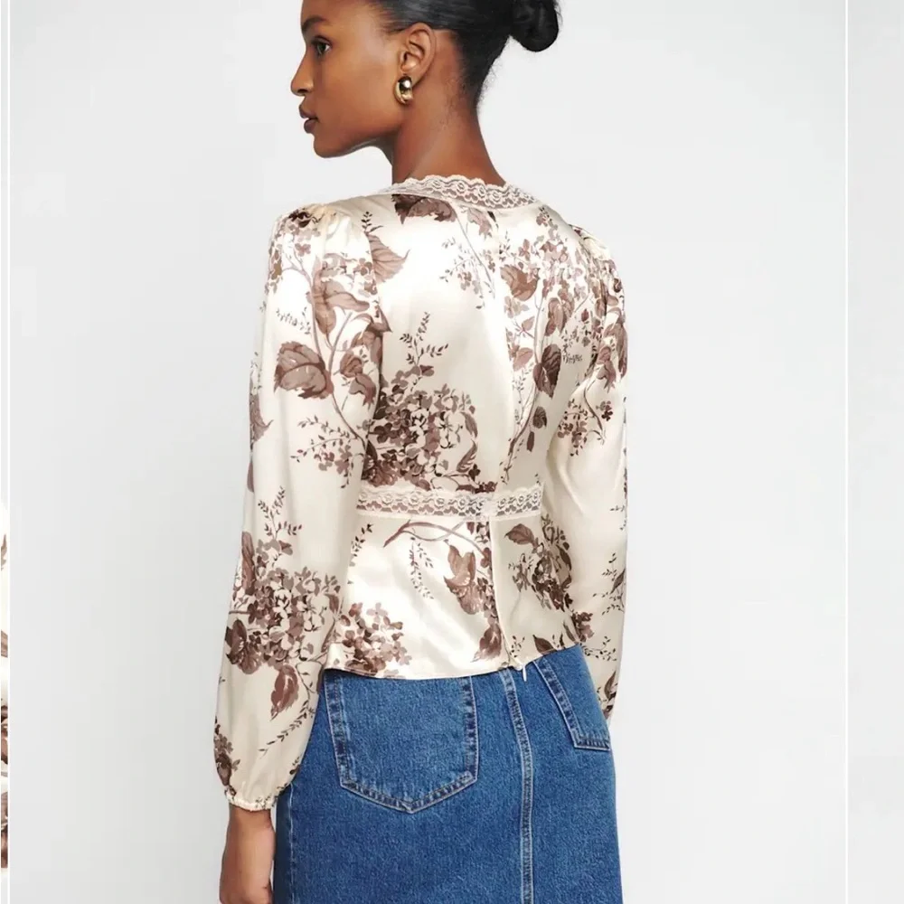 Reformation Cream Satin Floral Lace Trim Blouse